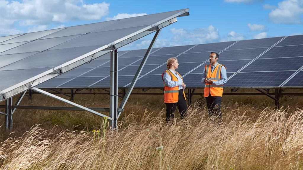 A man and a woman talking in a solar farm.
